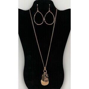 Rose Gold Layered Charm Necklace Teardrop Earrings Modern Minimalist Jewelry Set